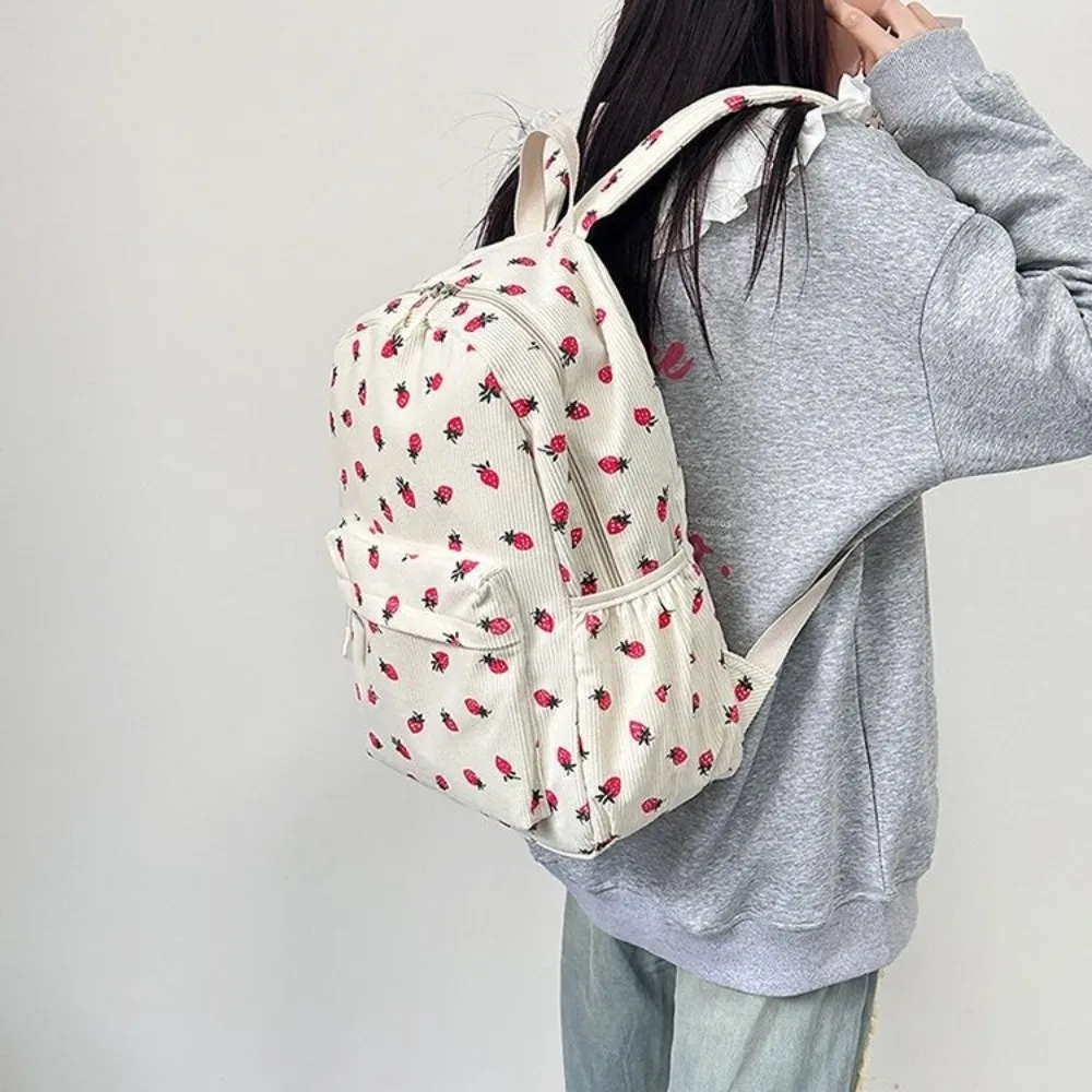 Strawberry Corduroy Backpack Solid Color Large Capacity Students School Bag Portable Japanese Style Students Daypack Women