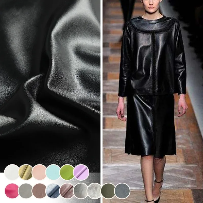 Black Matte 4‑Way Stretch Faux PU Leather Fabric Elastic Synthetic Cloth For Sweat Suits Elastic Leather Pants Sewing Material