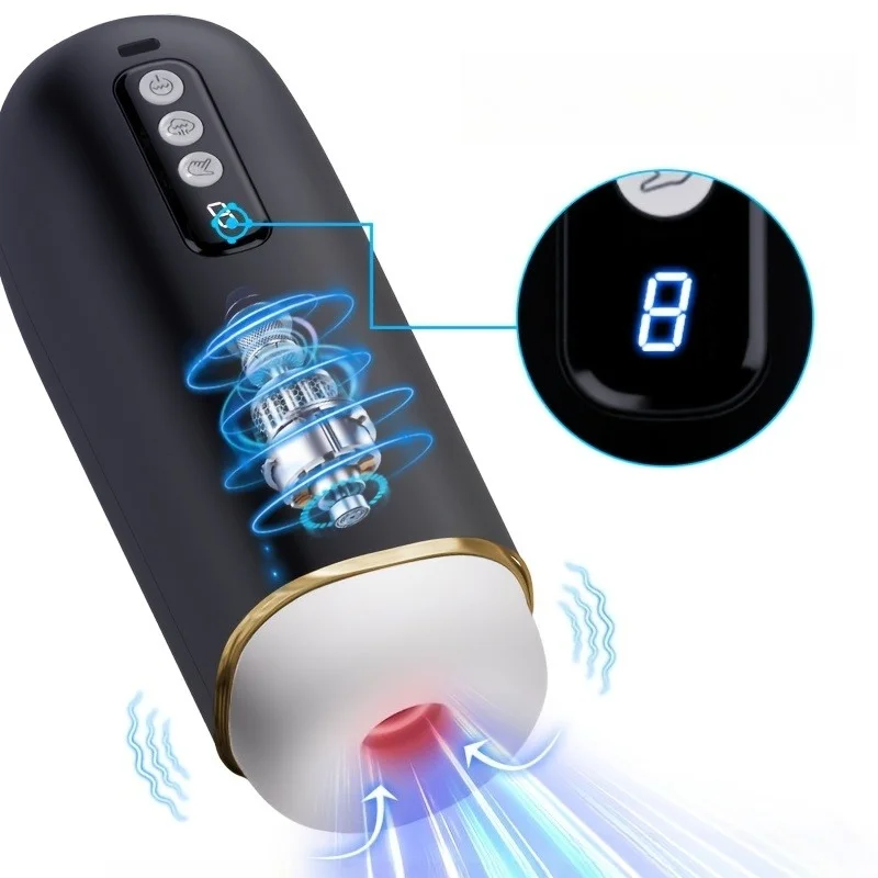 Hand Free Automatic Training Cup for Men Black White Appearance 8 Thrust Suction Built in Simulated Sound Sex Toys Aircraft Cup