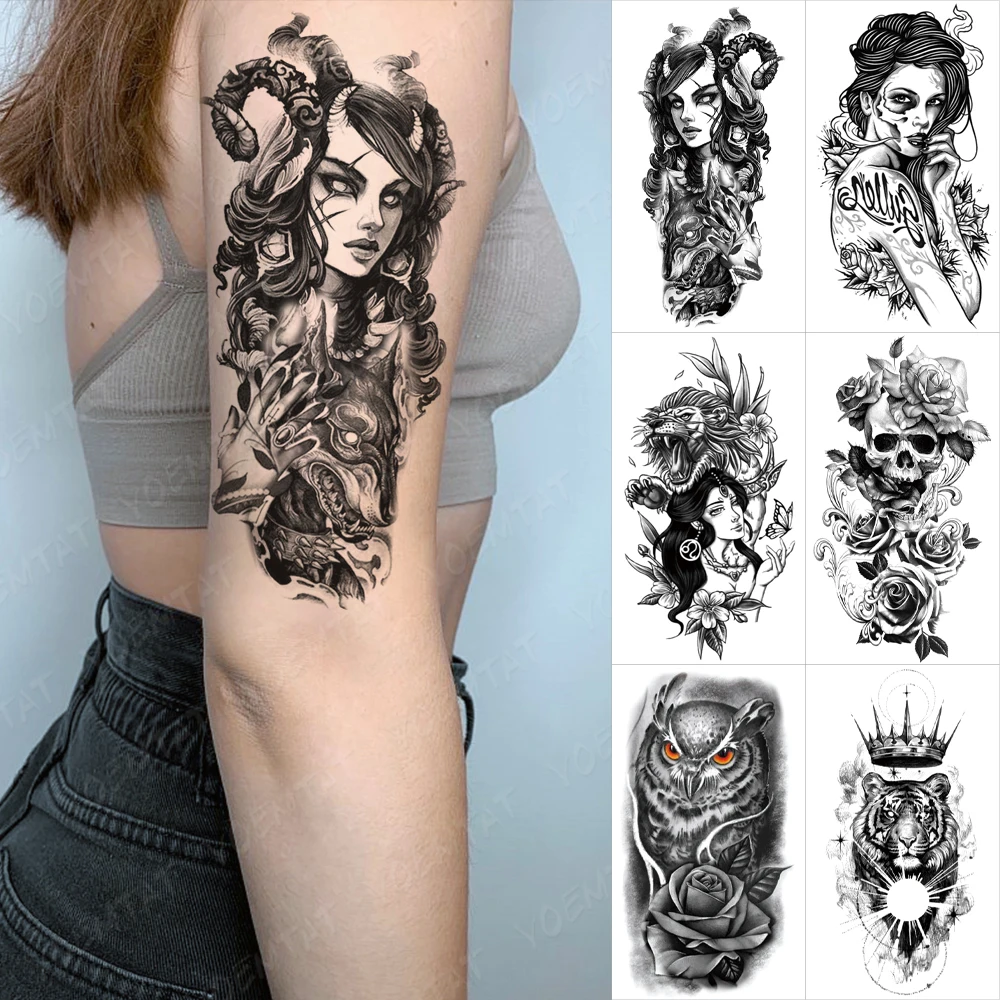 Pegatina de tatuaje temporal a prueba de agua para hombres y mujeres, tatuaje de calavera de búho de Anime Medusa, manga de brazo, tatuajes falsos