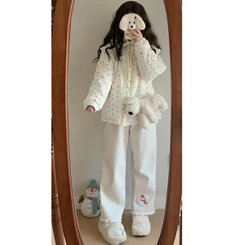 

Fleece Pants Women Winter Y2K Snowman Embroidery Straight Pants Korean Shoujo Girls Cute Christmas Baggy Wide Leg Trousers Teens