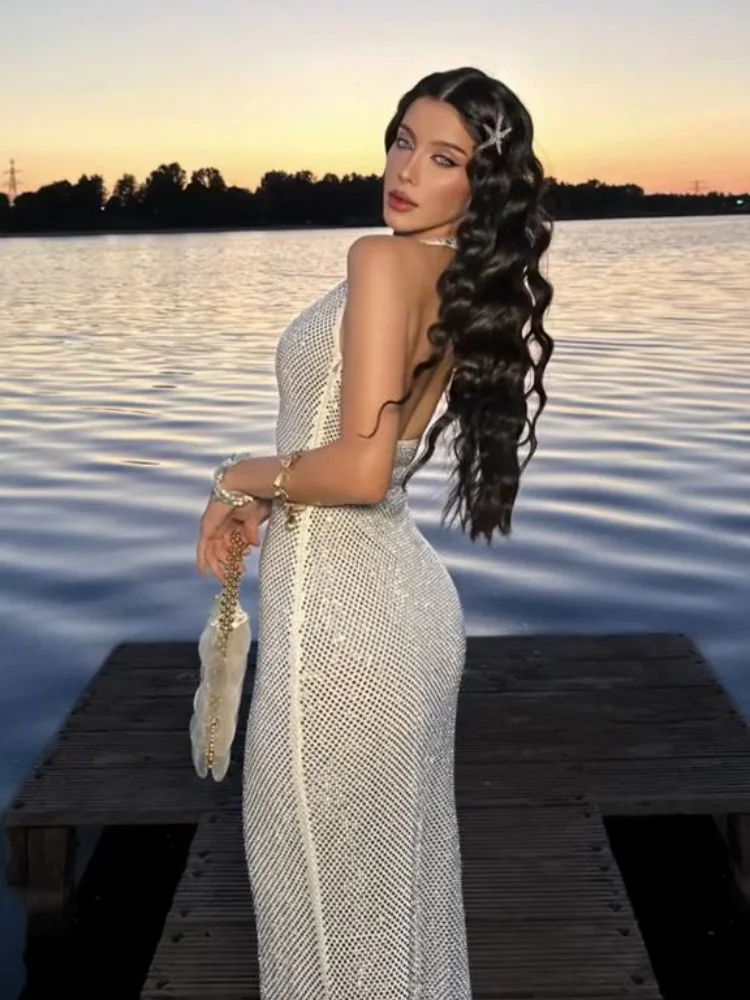 تألق الخامس الرقبة الرسن فستان طويل امرأة بلا أكمام الخصر Cinched عارية الذراعين مثير رداء شيك بلون المرأة فساتين السهرة الجديدة #3