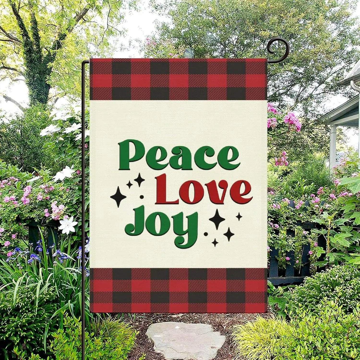 Peace Love Joy Garden Flag 12x18in Double Sided Burlap Farmhouse Christmas Yard Flag Welcome for Deck Patio Porch Veranda Home D