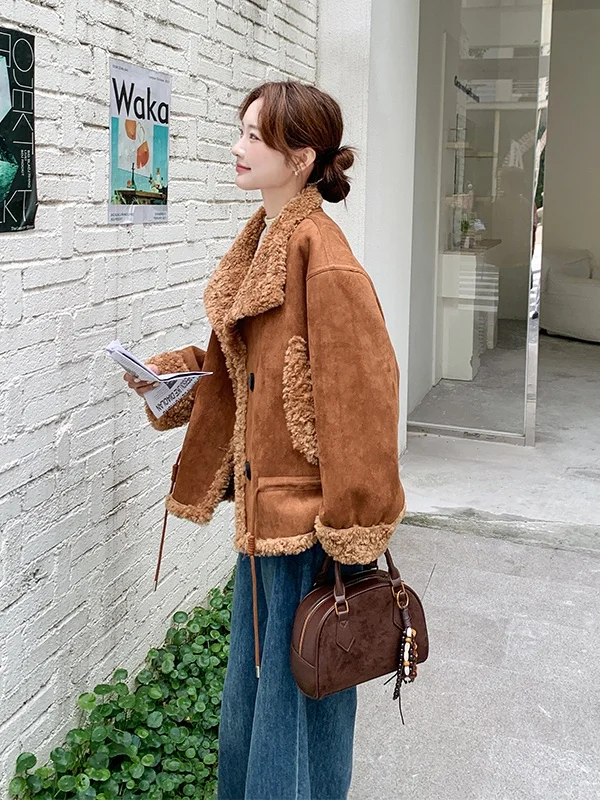 Brown Lamb Fur Jaet Women's ort Thiened Autumn Winter New Sle Warm Loose Fit Long Sve Button Closure