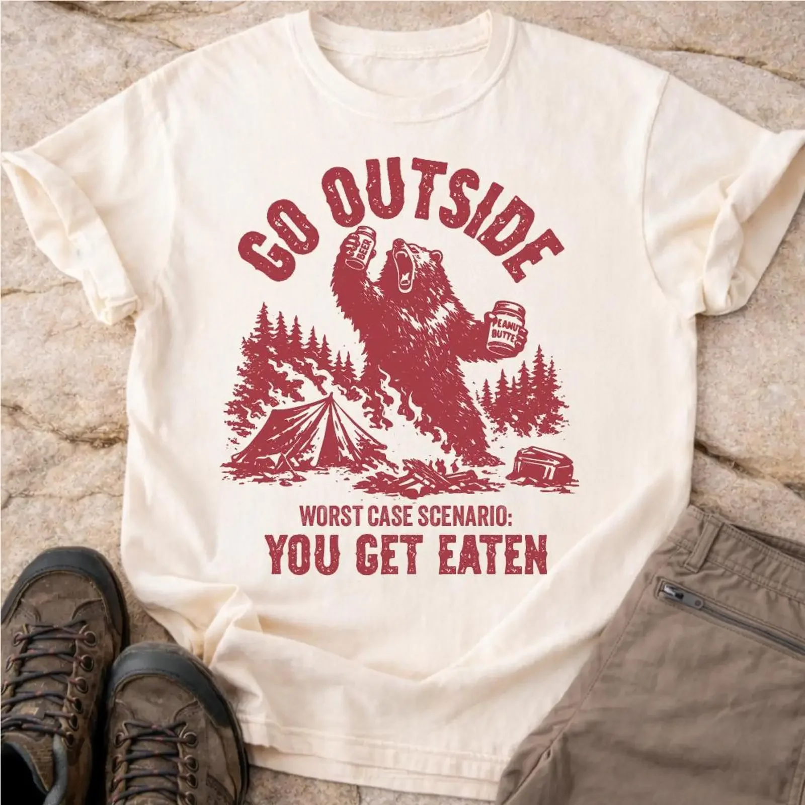 Go Outside Worst Case Scenario You Get Eaten T Shirt Funny Camping Bear vintage Washed designer clothes streetwear homme