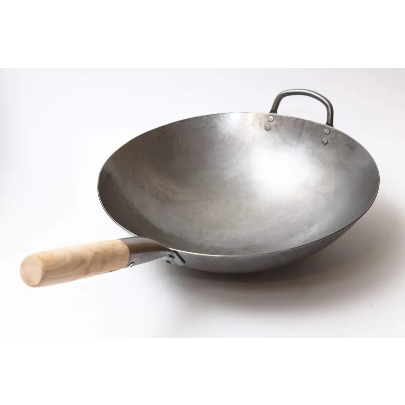 Traditional Hand Hammered Carbon Steel Pow Wok with Wooden and Steel Helper Handle (14 Inch, Round Bottom) / 731W88