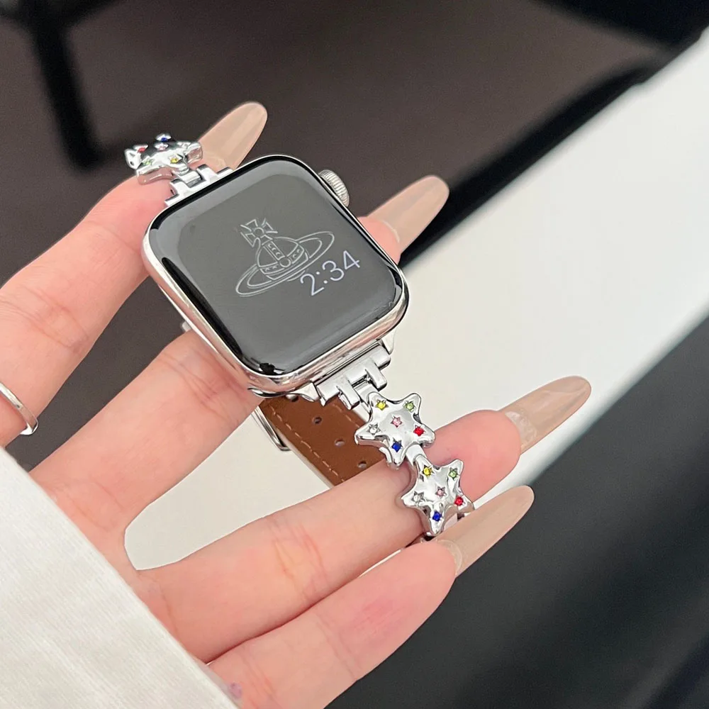 Correa de cuero de Metal con diamantes de estrella de la suerte para Apple Watch 10 9 8 7 SE 6 5 46MM 49mm 41 45 40 44 38 42mm pulsera