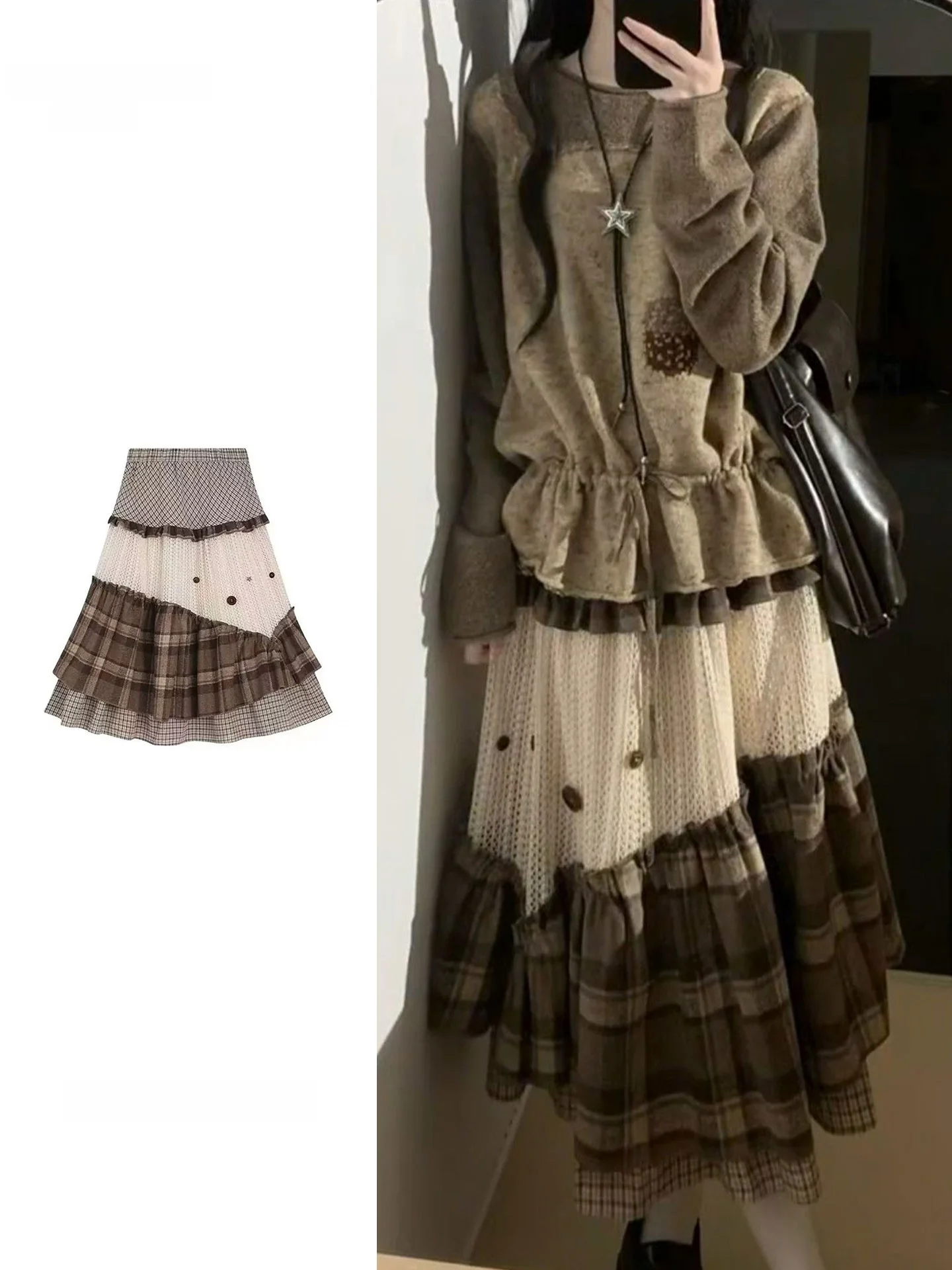 High Waist Asymmetrical Heavy Patchwork Skirt Women's Autumn Winter A-Line  Skirt Slimming Effect Vintage Style