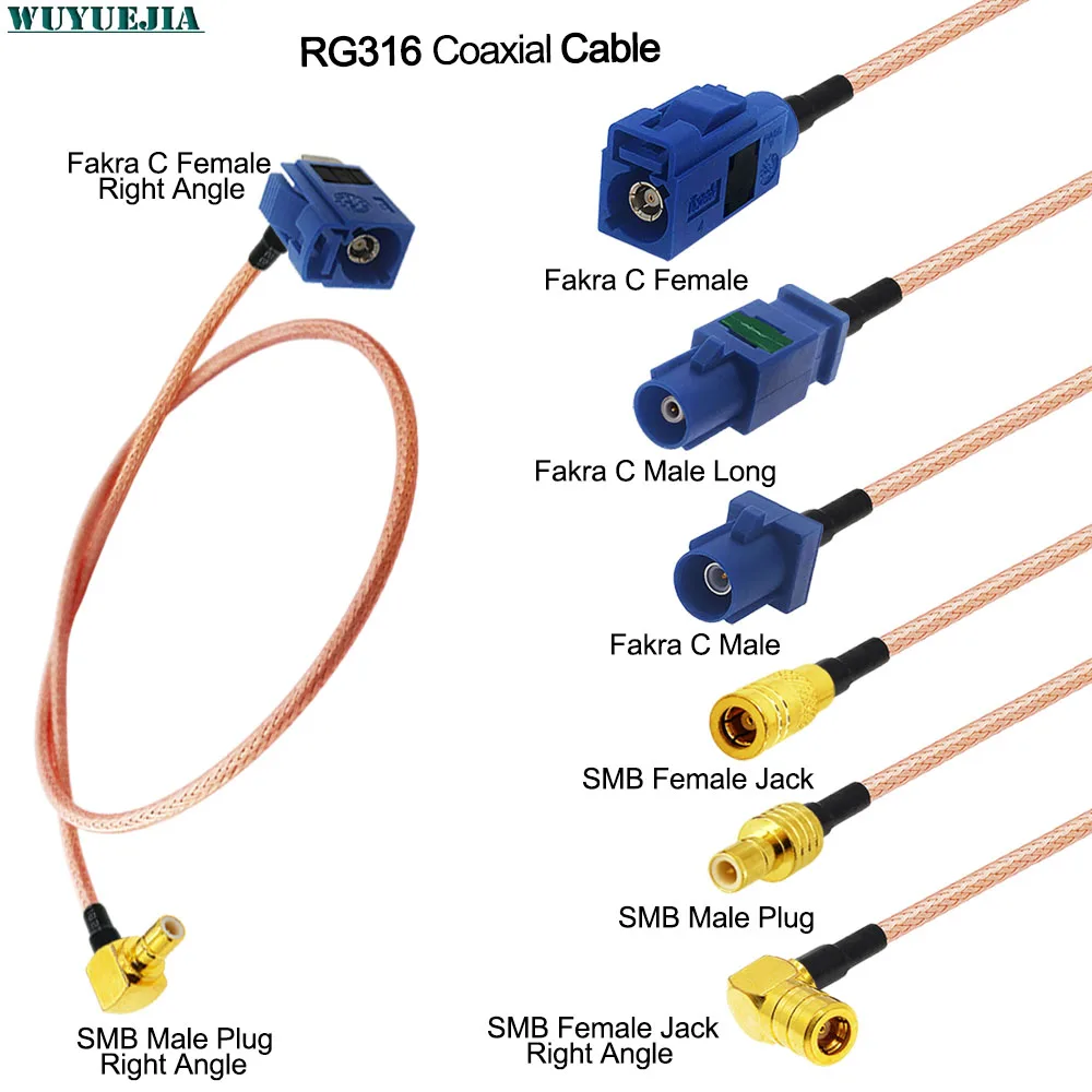 

0.1~10M RG-316 RF Coaxial Cable SMB Male to Blue FAKRA C Female 50 Ohm Pure Copper for GPS Antenna Car Audio CCTV Test Equipment