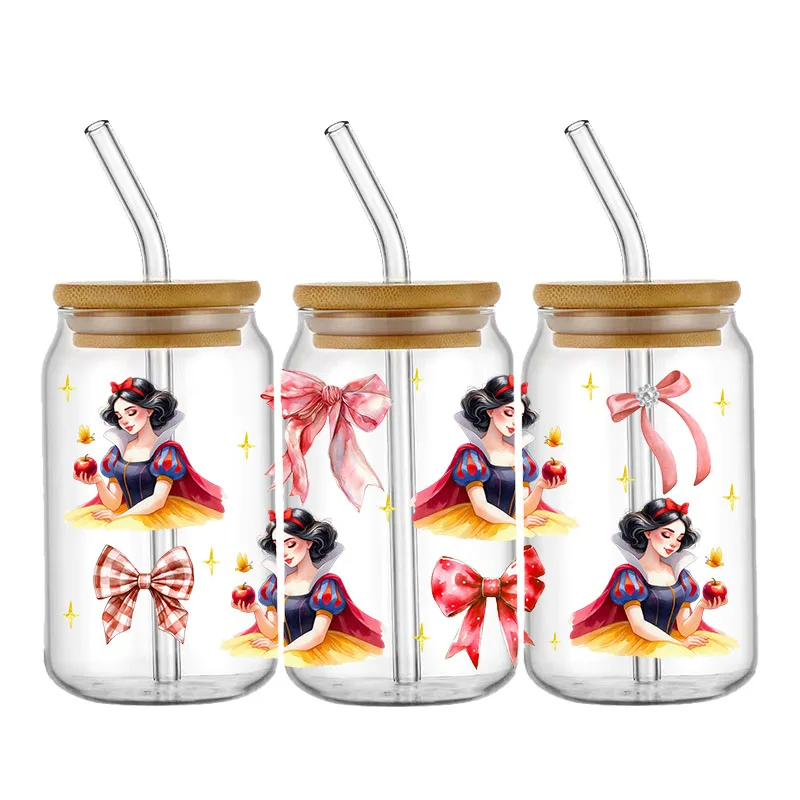 Disney  Princess Bow UV DTF Cup Wrap Transfer Stickers For 16OZ Coffee Glass Can Waterproof DIY Custom Logo
