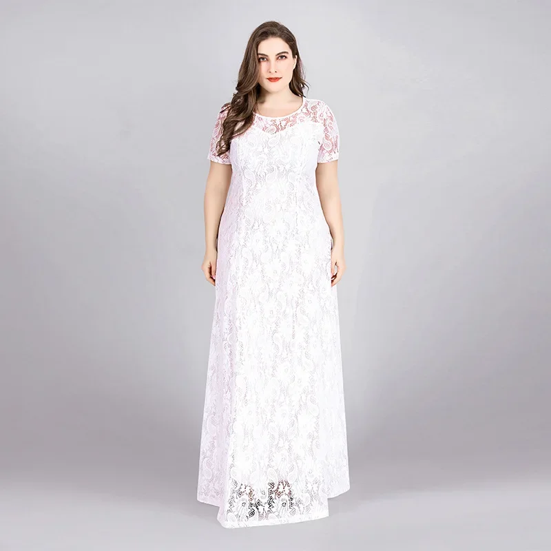 

New plus size women's openwork evening dress full lace perspective long skirt short sleeve big swing waist dress