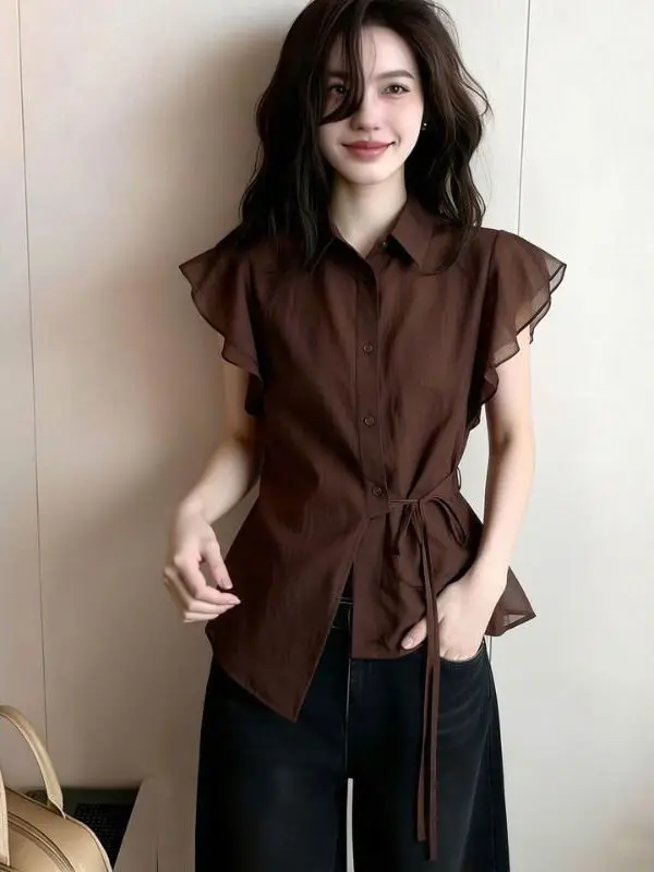 

Cafe Brown Short Sleeve Shirt Women's Summer New Style Waist Cinched Belted Lace Trim Elegant Outerwear Shirt Collar Design
