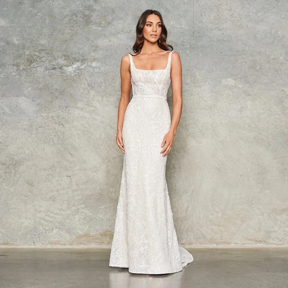 Customised  Charming Strapless Square Neck Exquisite Backless Wedding Dress Lace Appliques Mermaid Button Bridal Vestidos