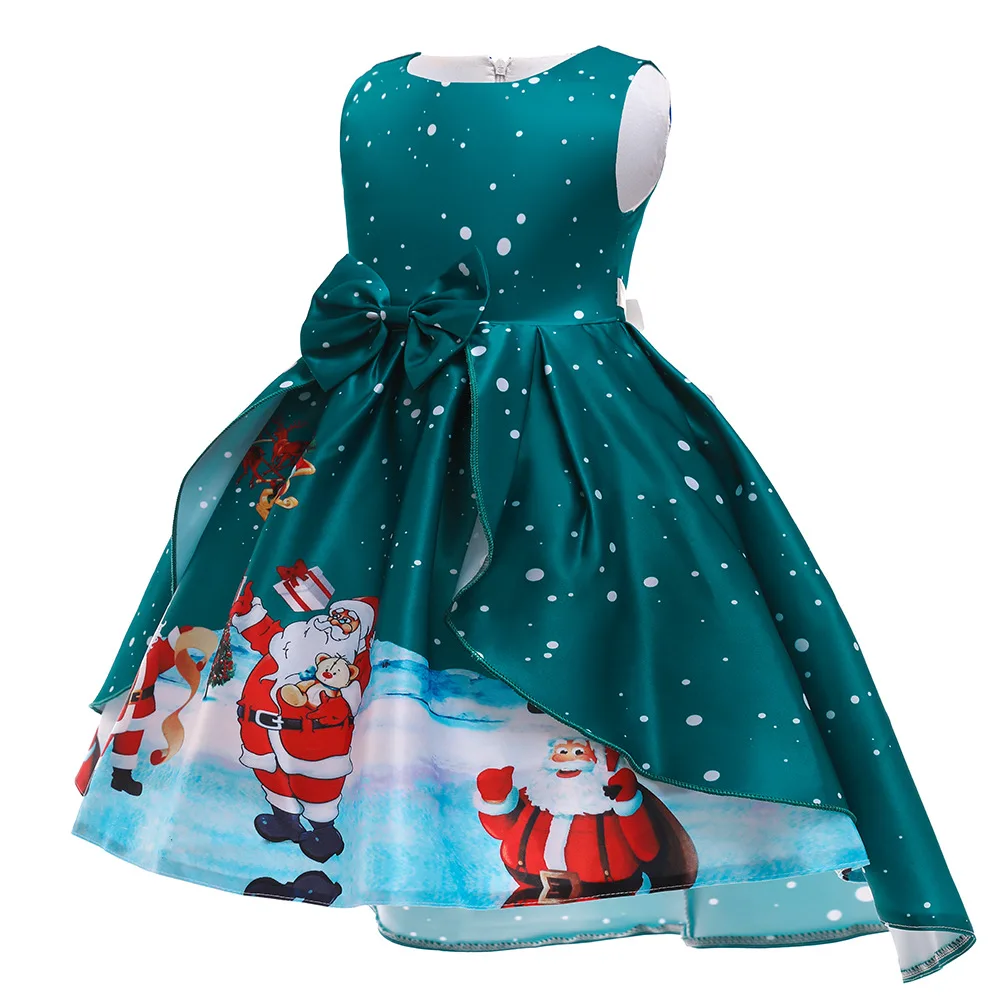 Christmas Girls Dress Cartoon Santa Claus Snowman Christmas Tree Printing Princess Dress For 3-10Y Girls Carnival Party Costume