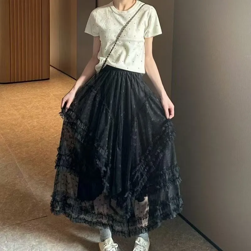 กระโปรง Midi ตาข่ายสีขาวสําหรับผู้หญิงสายเอวสูงกระโปรง Tulle ชั้นบาน