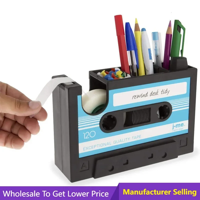 

Multifunctional Tape Pen Holder 2 In 1 Office Desk Stationery Organizer Retro Cassette Tape Dispenser Pencil Pot Storage