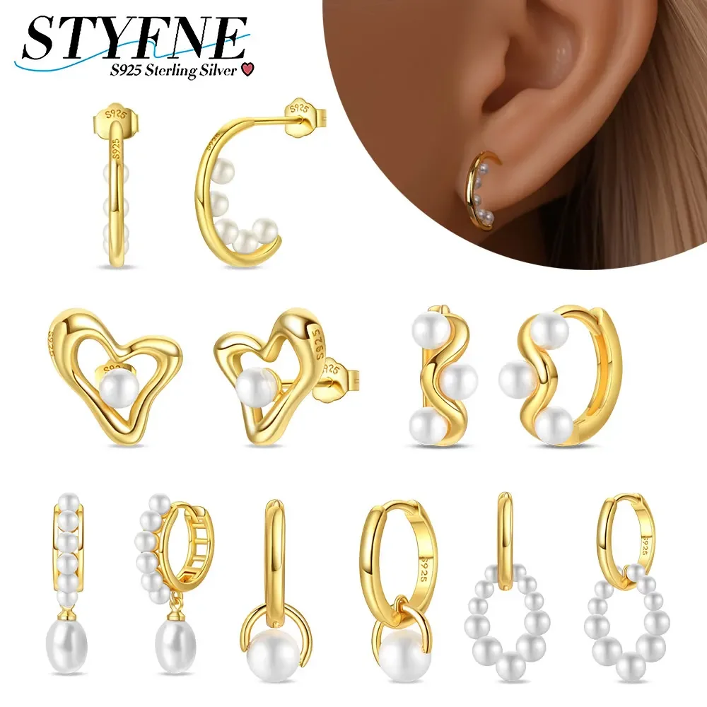 

Sterling 925 Silver Freshwater Treated Pearl Geometric Wave Heart Gold Earrings for Women High Fine Jewelry Gifts
