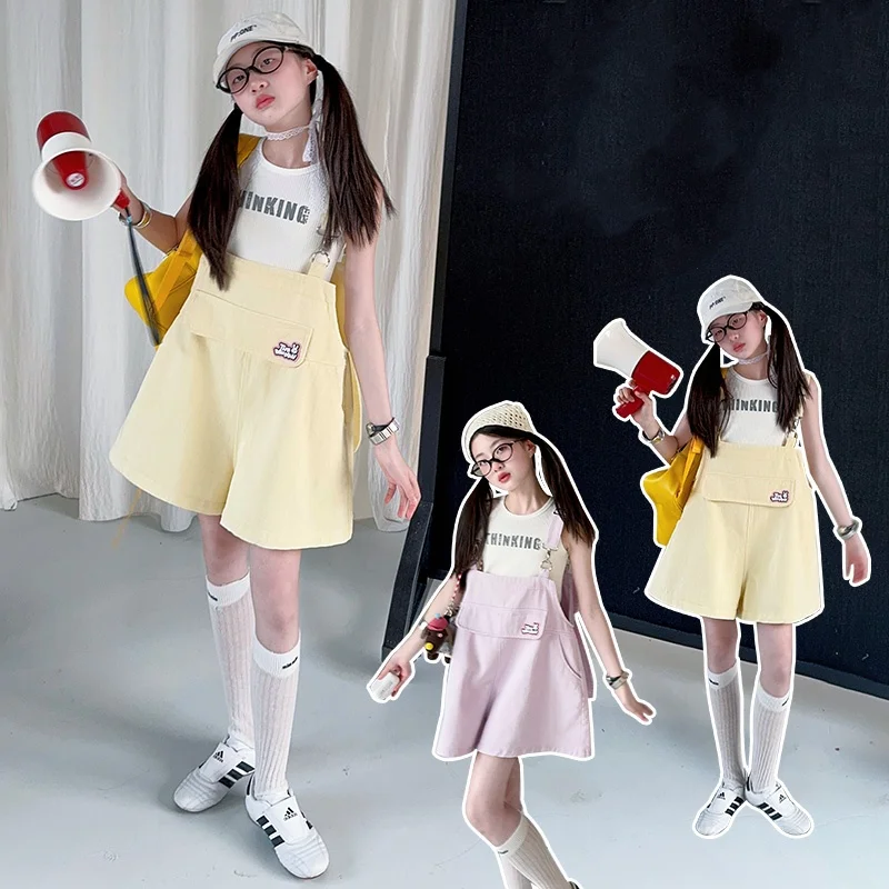 

Fashion Summer Baby Girls Overalls With Half Pants Girls Vintage Design Bottom Kids Casual Suspender Jumpsuit Toddle Size 6-14Y
