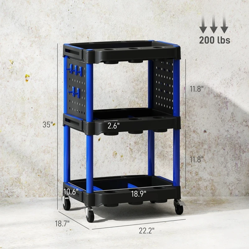 

TORQMAX 3Tier Rolling Tool Cart 200LBS Plastic BlackDarkBlue 4WheelsBrakes RemovablePartitions GarageWorkshop B20-115V00DB