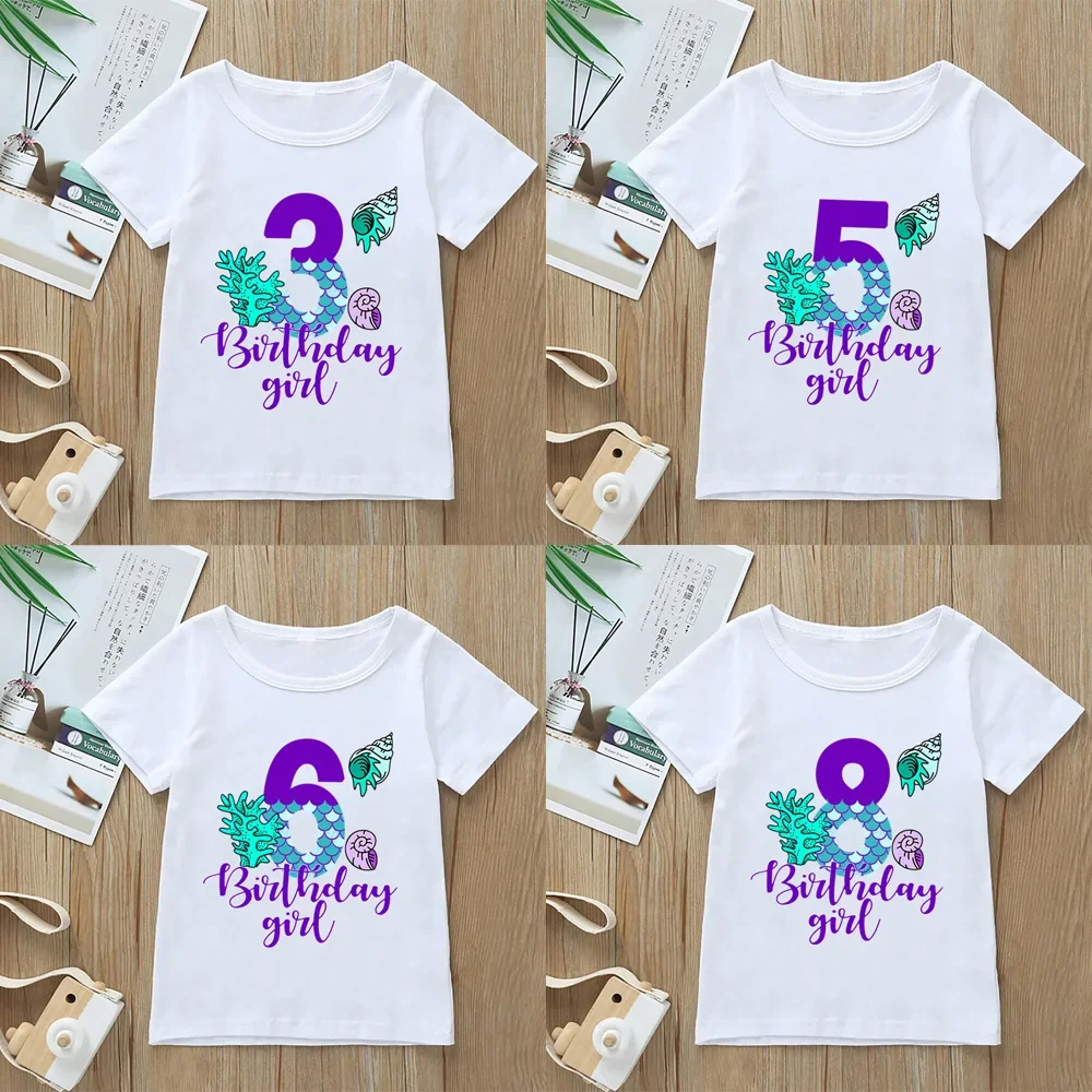 Age 1-9 Birthday Girls Tshirt Cute Mermaid Graphic Print T-shirt Children's Clothing Tees Fashion Kawaii Clothes Tops