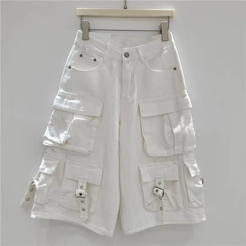 

Distressed Utility Denim Shorts | Multi-Pocket Baggy Culottes, American Vintage Style