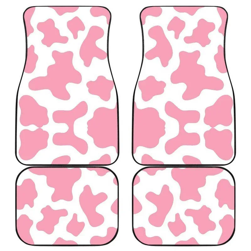

Pastel Pink And White Cow Print Front And Back Car Floor Mats Heavy Carpet Front And Rear Full Set 4PCs Pack