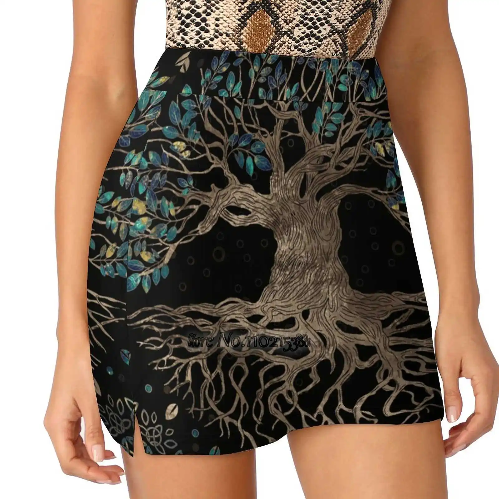 Tree Of Life - Yggdrasil Golden And Marble Ornament Tennis Golf Skirt Sexy A-Line Harajuku Shorts Skirt With Phone Pockets