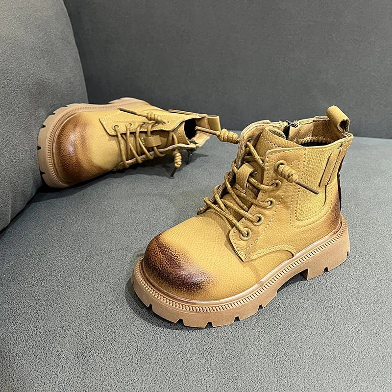 2024 Spring Autumn Ankle Boots Light Platform Shoes Handsome Boys Girls British Style Non-Slip Lacing Soft Short Leather Boots