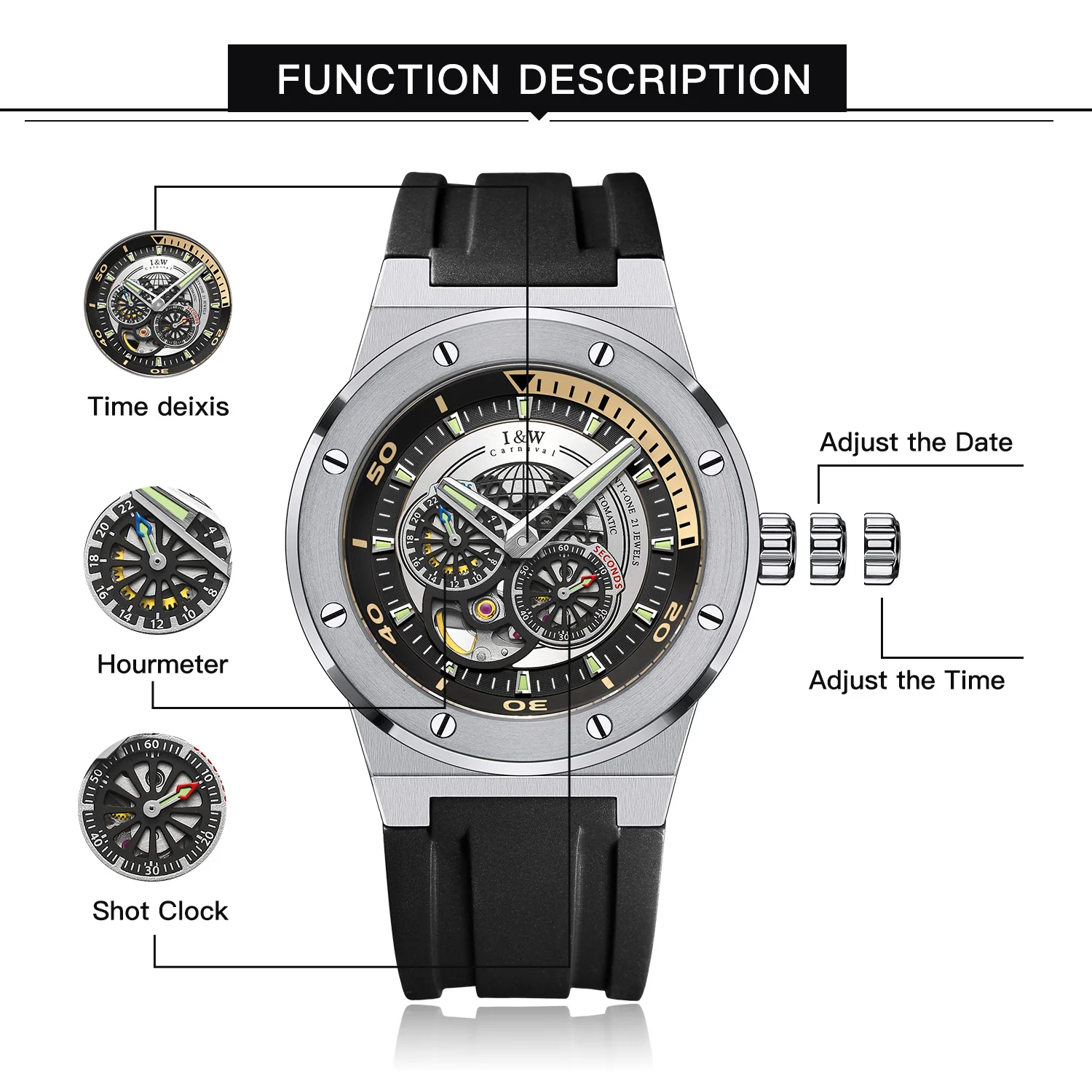 Mens Automatic Watches,42mm Pilot Watch,Mechanical Wristwatch Sapphire Luminous Skeleton Rubber Strap Military 24 Hours