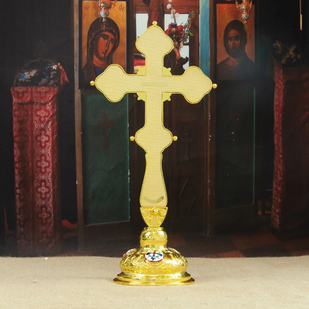 HTISOK Russisch-Orthodoxes Kreuz Jesus-Kruzifix Vergoldete Zinklegierung Kirchenständerkreuz Kirchendekoration Religiöse Rituale – Detail 9