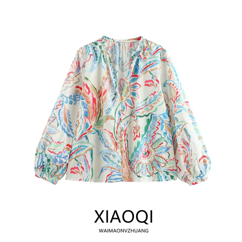 

Spring 2025 Women's Fashionable Print Long Sleeve Turn-down Collar Shirt Versatile Chiffon New Arrival Loose Fit Regular Length