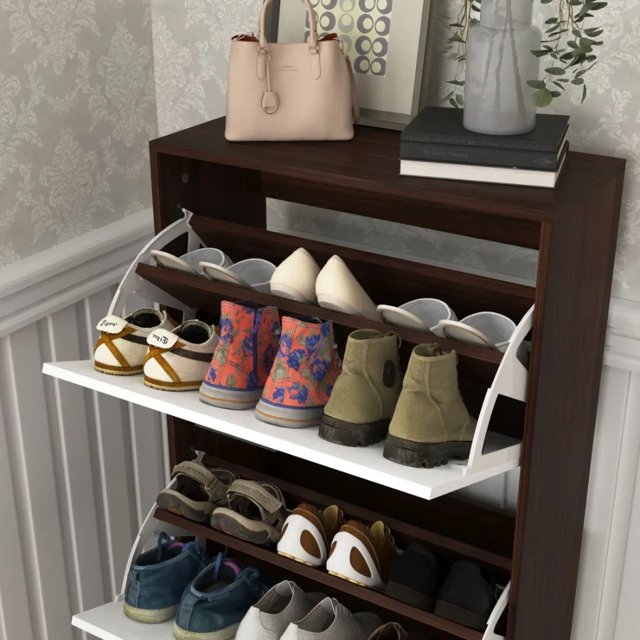 Shoe Storage Cabinet with 3 White Panel Flip Drawers Freestanding Organizer for Entryway Narrow Shoe Rack Cabinet