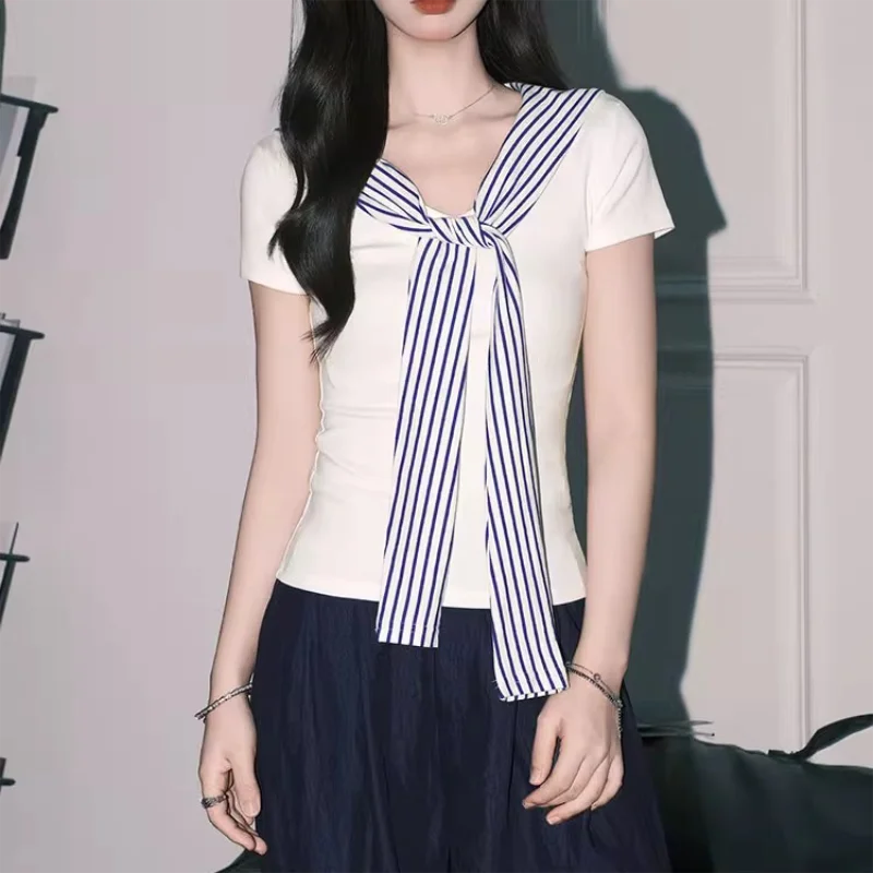 Cotton T Shirts Women's Clothes Fashion False Two-piece Y2k Tops Korean Casual Sailor Collar Kawaii Summer T-shirts
