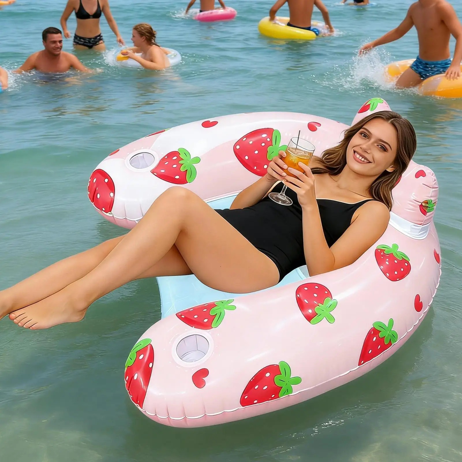 

Pool Float Chair Inflatable Lounge With Cup Holder Adult Blow Up Lounger Floating Seat For Travel Vacation Sunbathing Tanning