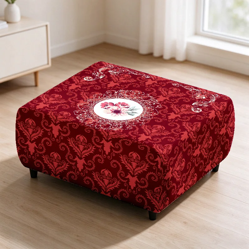 Floral Printed Elastic Square Footstool Cover Removable Washable Ottoman Slipcover All-inclusive Furniture Protector Home Decor