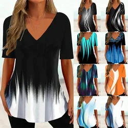 ¡Oferta! Camiseta de mujer estampada a rayas en 3D, camisetas informales con cuello en V, camisetas de moda holgadas para mujer, tallas grandes, camisetas de secado rápido de verano