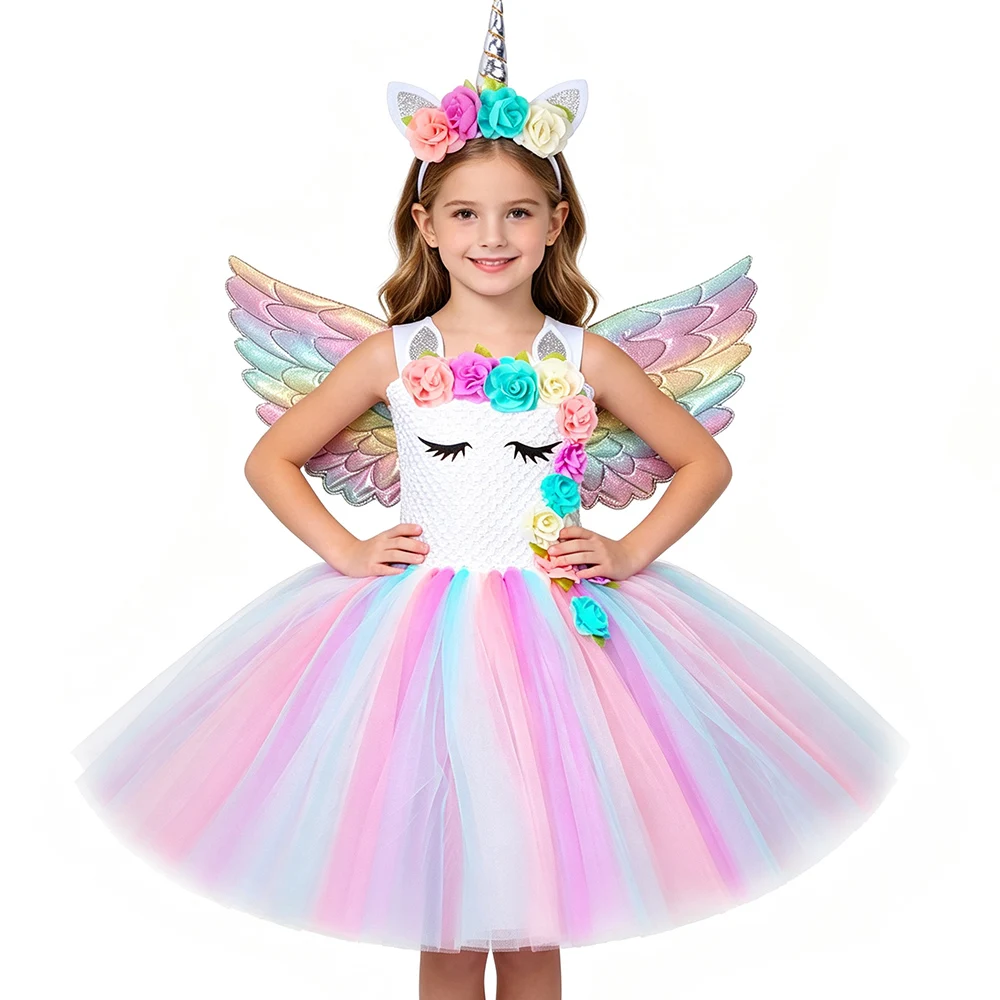 HJTT Flowers Girls Unicorn Princess Dress Pastel Rainbow Girls Birthday Party Tulle Tutu Dress Kids Halloween Unicorn Costume