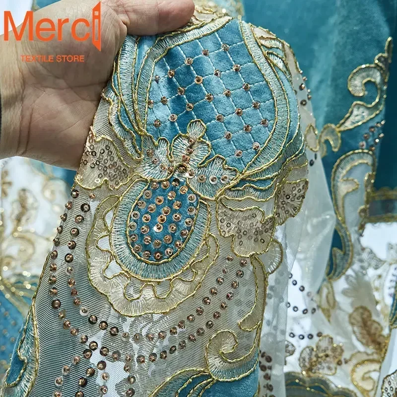 European Style Curtains for Living Dining Room Bedroom Luxury Embroidered Tulle Window Drape Blue Chenille  Valance Custom