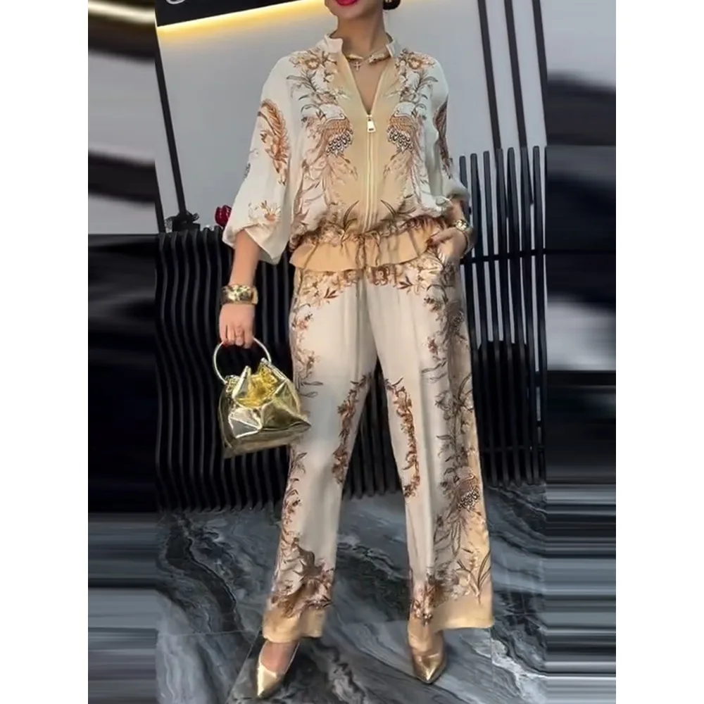Women Beige Boho Print 2 Piece Outfit Batwing Sleeve Blouse and Loose Wide Leg Pants Casual Bohemian Set for Streetwear Festival view 2
