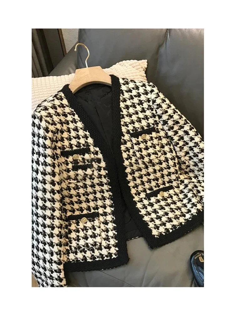 Nuevas chaquetas coreanas a cuadros para mujer, chaquetas ajustadas con cuello en V y una hilera de botones, chaquetas de pata de gallo a la moda para otoño, abrigos para mujer, Top de viaje
