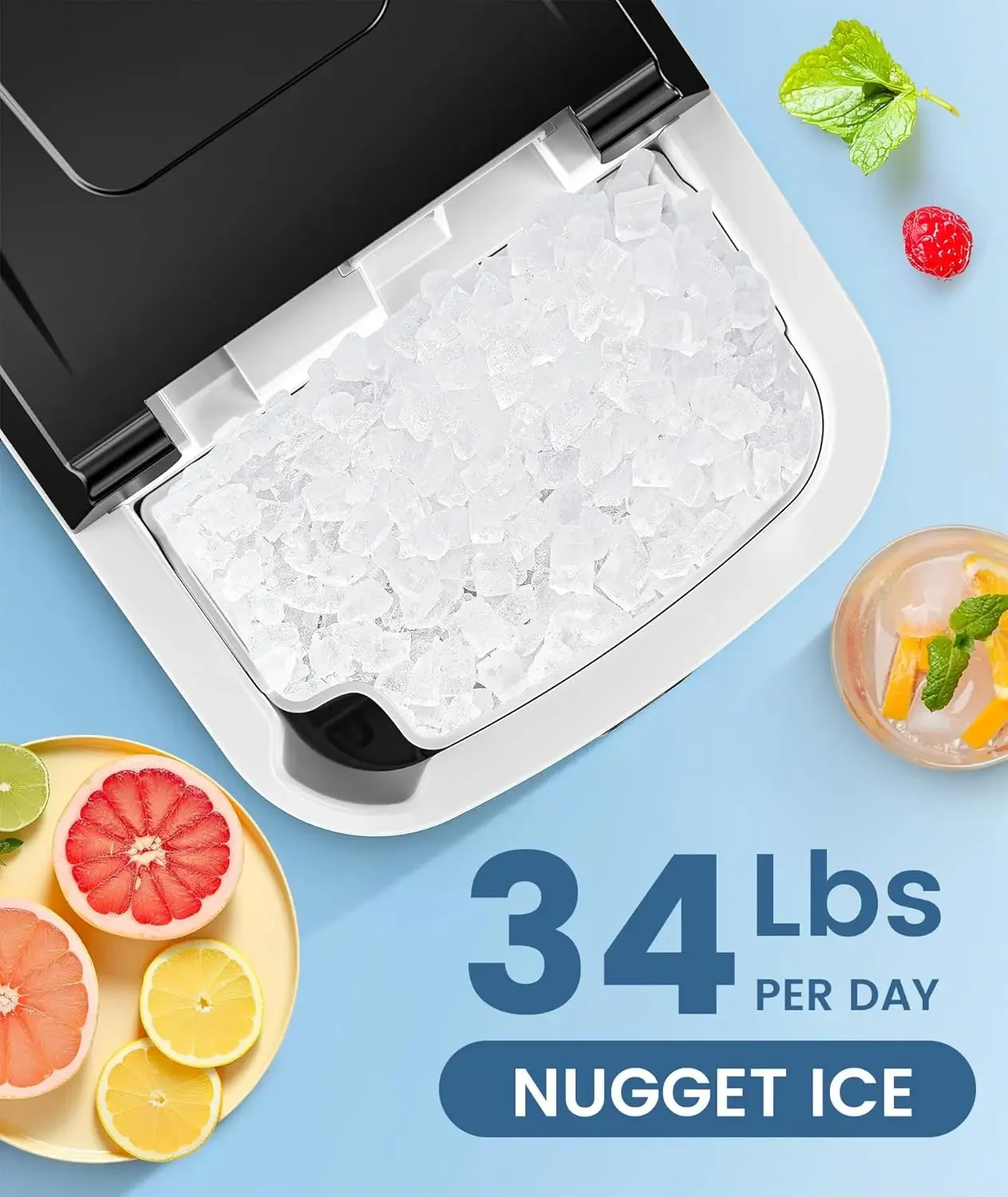 Nugget Ice Makers Countertop, Pebble Ice Maker Machine with Soft Chewable Ice, 34Lbs/24H, Self-Cleaning, One-Click Operation, Pe