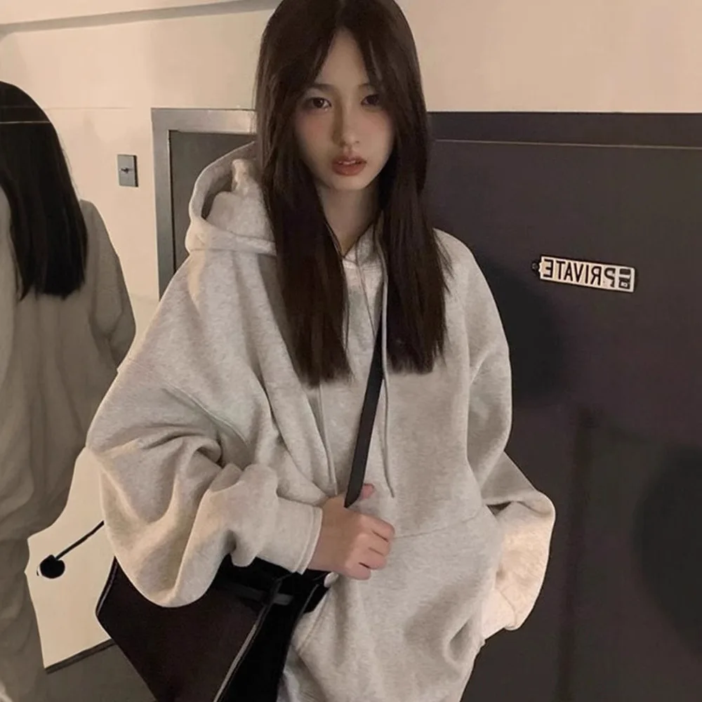 

American Style Hooded Sweatshirt Oversized Pullover Winter French Terry Crewneck Loose Fit Drop Shoulder Slimming Streetwear Top