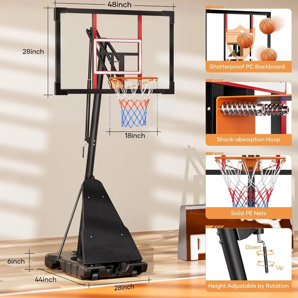 Aro de baloncesto portátil para exteriores de 10 pies con altura ajustable, tablero trasero de 44-48 pulgadas, continuo para todas las edades