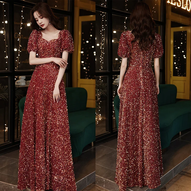 

It's Yiiya Sequins Square Collar Burgundy Pleat Floor-Length Short Sleeves New Floor-Length Formal Dress Dress Woman Party A2879