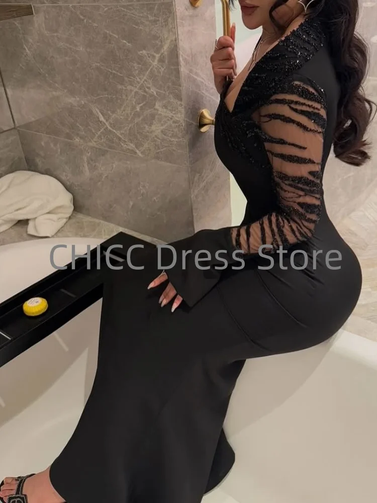 Vestidos de Noche elegantes con cuentas, manga larga, cuello cuadrado, vestido Formal para mujer, vestido de fiesta de sirena negro personalizado