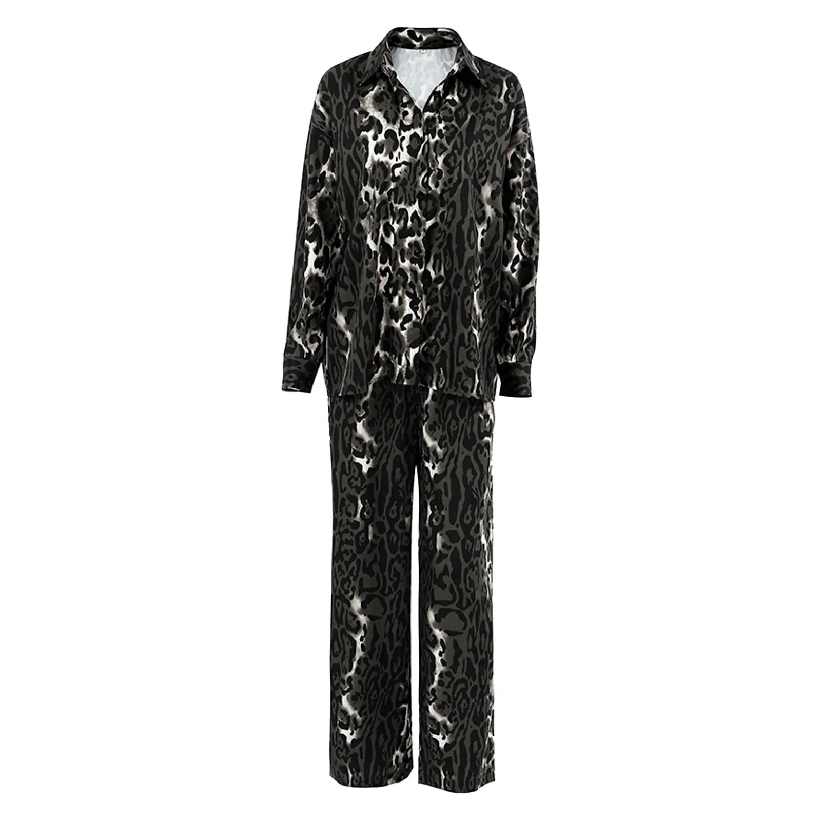 Ensemble de pyjama imprimé léopard imbibé, chemise à manches longues, vêtements de détente boutonnés, jambe large, mode confortable, fjLapel, 2 pièces