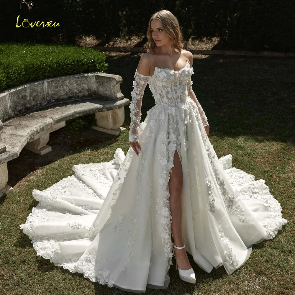Loverxu A-lijn Delicate Trouwjurken Strapless Uit De Schouder Vestido De Novia Kant 3D Bloemen Custom Made Bruidsjurk