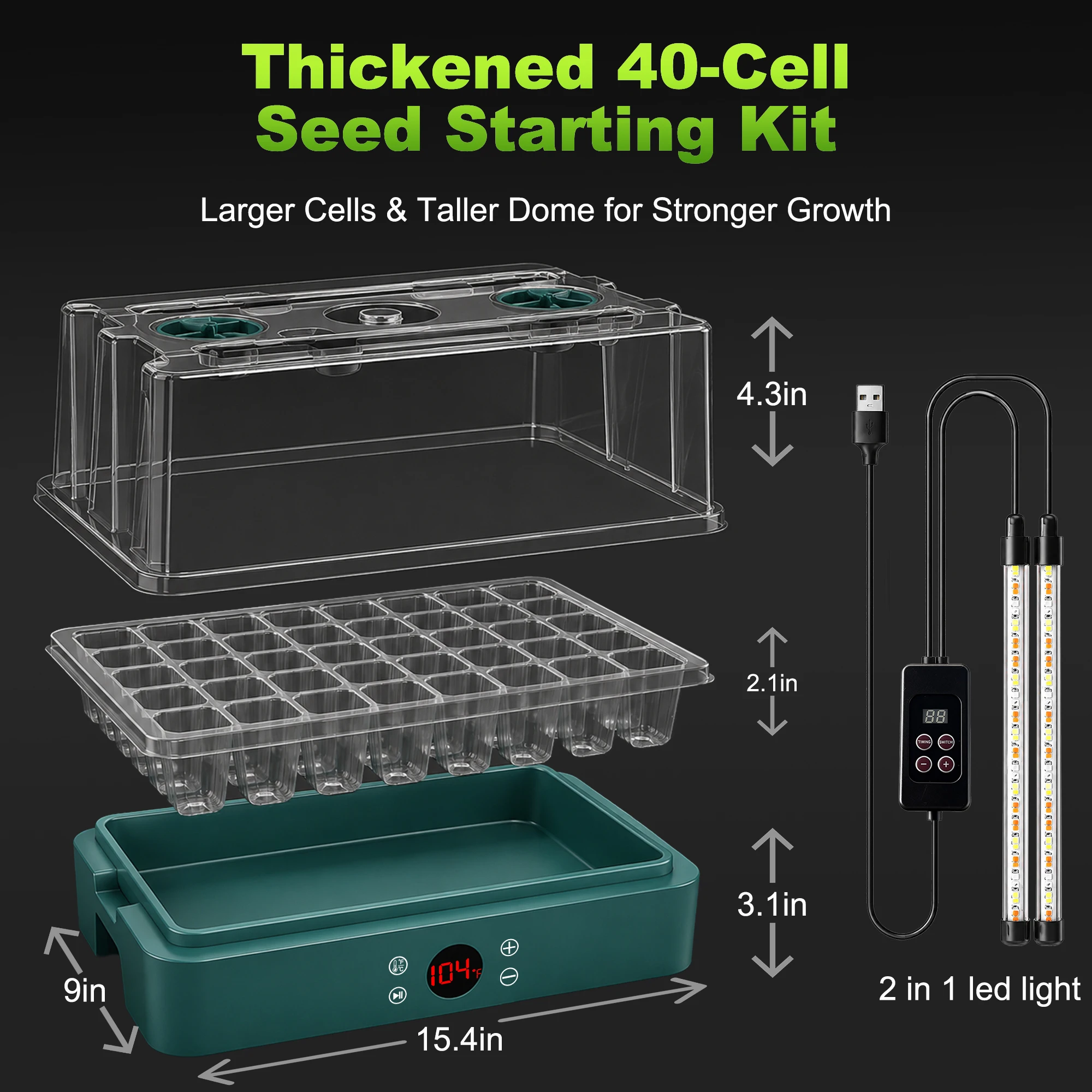 40-seed germination kit, with heating base and LED plant growth lamp constant-temperature seedling tray, featuring temperature c