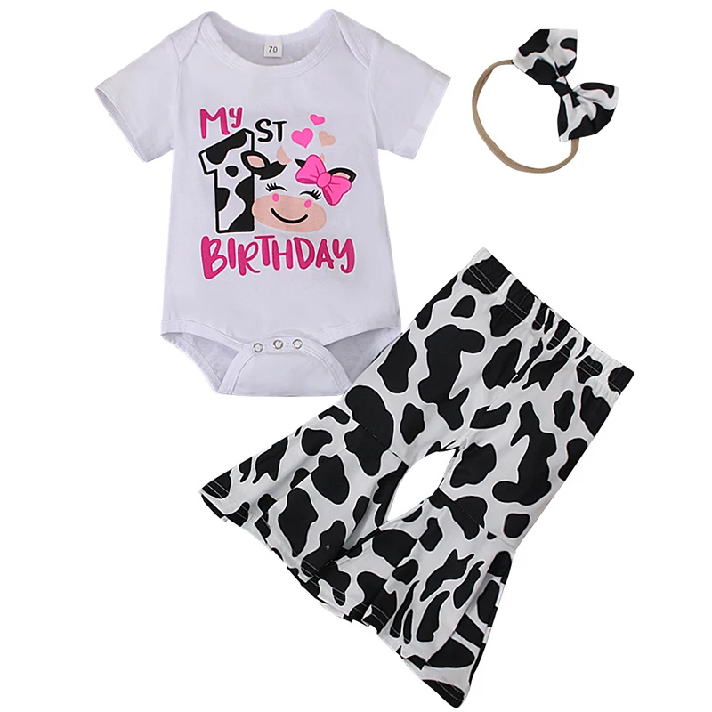 

3Piece Summer Baby Girl Set Clothes Cartoon Cute Print Letter Short Sleeve Bodysuit+Flared Pants Toddler Boutique Outfits BC1280