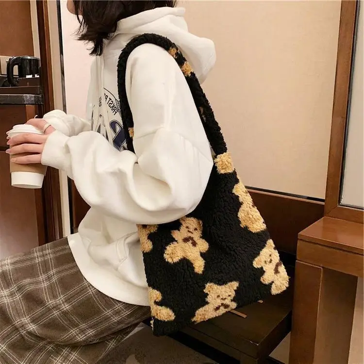 Women Lamb Like Fabric Shoulder Tote Bag Canvas Fluffy Fur Bear Handbags Large Capacity Soft Shopping Bags Girls Cute School Bag